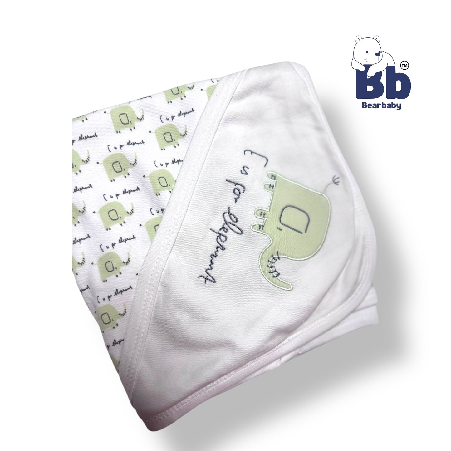 Cotton Knit Hooded Wrapper Size L 76 x B 76 cm - Elephant Print Green