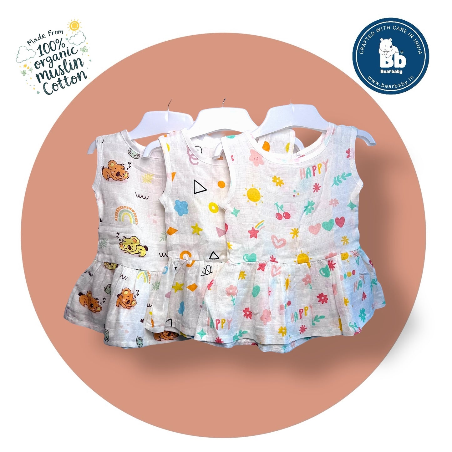 Baby Girl Organic Cotton Sleeveless Frock-Size(3M-6M)-Pack of 3-Assorted Prints 5