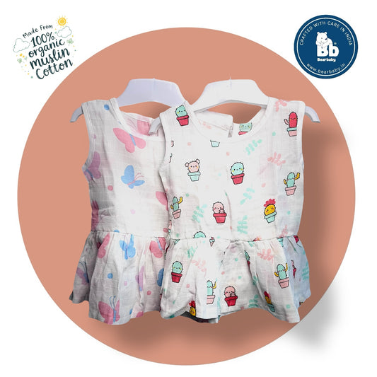 Baby Girl Organic Cotton Sleeveless Frock-Size(3M-6M)-Pack of 2-Assorted Prints 2