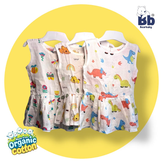 Baby Girl Organic Cotton Sleeveless Frock-Size6M-12M-Combo Pack of 3-Assorted Prints 1