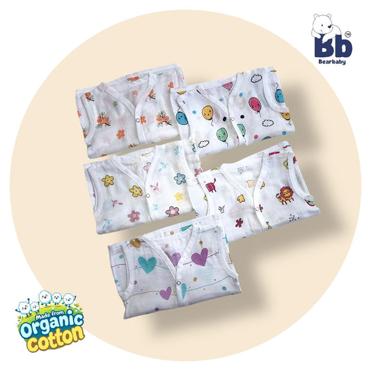 Baby Unisex Organic Cotton Muslin Jhabla -Size 3M to 6M-Combo Pack Of 5-Assorted Print 1