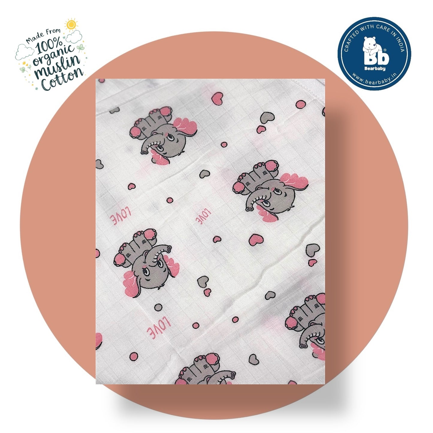 Muslin Hooded Towel for Newborn Baby-2Layer-Size 70cm*70cm-Baby Elephant Print