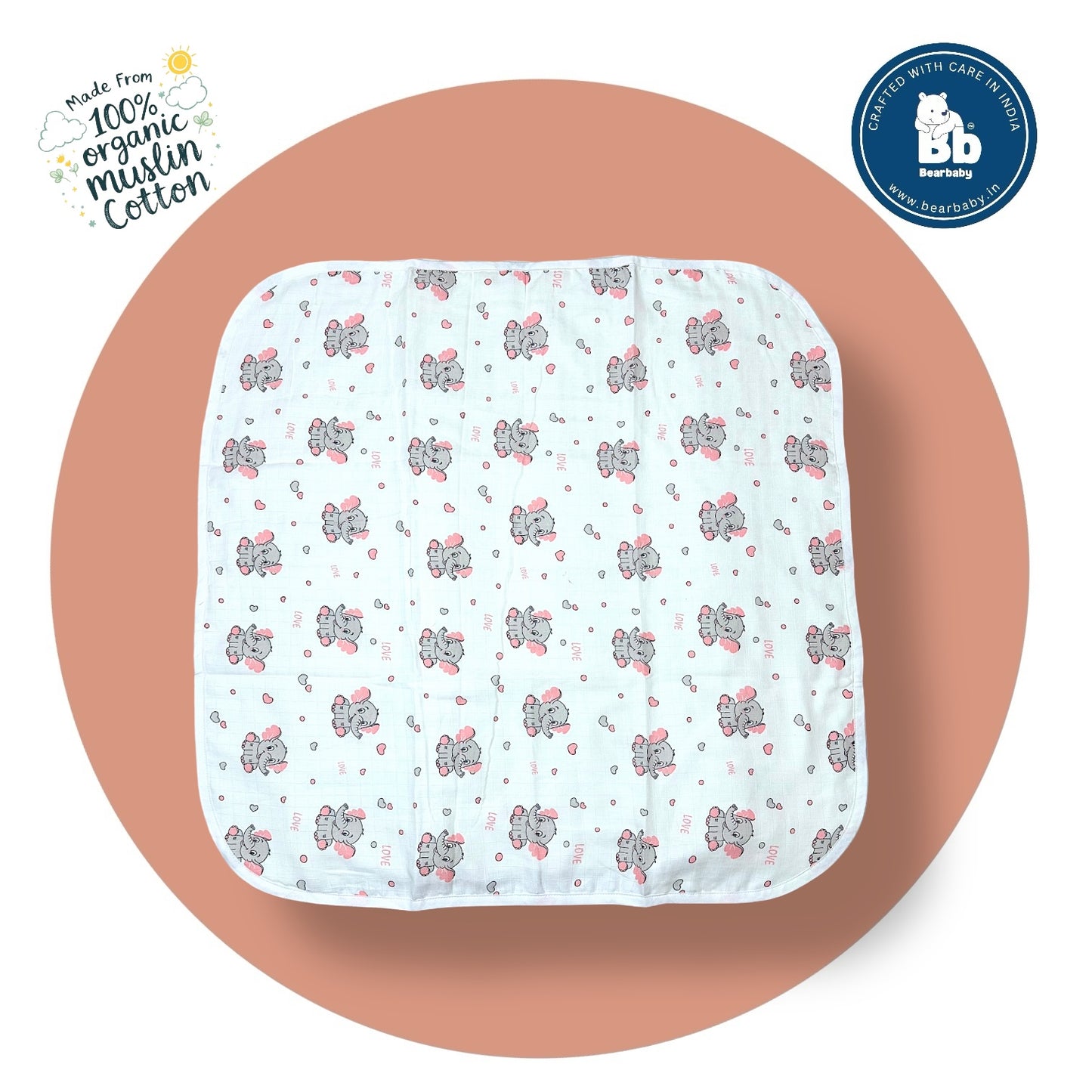 Muslin Hooded Towel for Newborn Baby-2Layer-Size 70cm*70cm-Baby Elephant Print