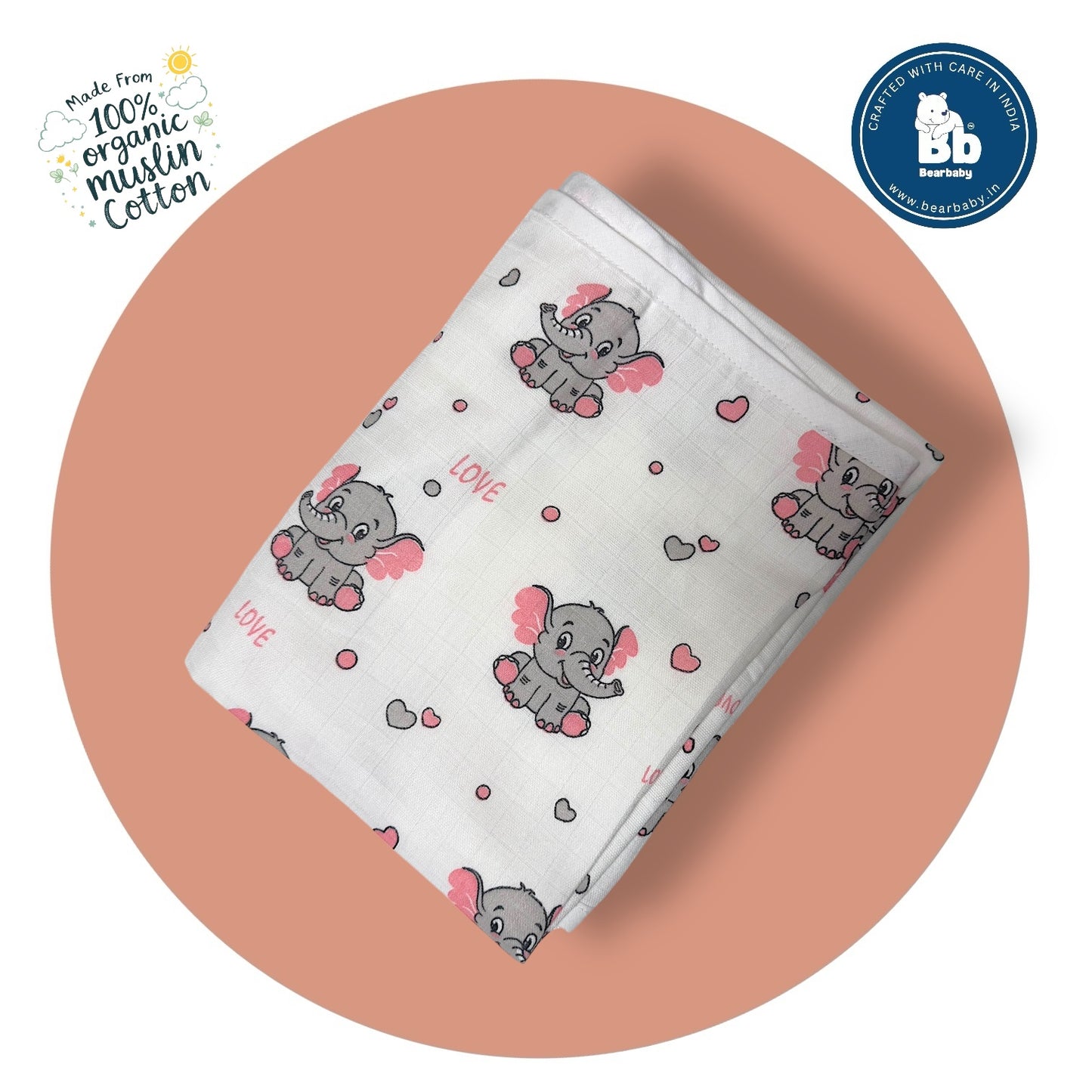 Muslin Hooded Towel for Newborn Baby-2Layer-Size 70cm*70cm-Baby Elephant Print