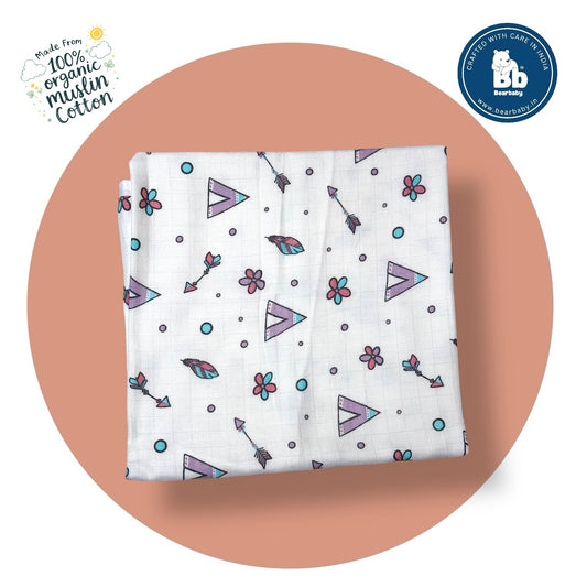 Muslin Hooded Towel for Newborn Baby-2Layer-Size 70cm*70cm-Flower Arrow Print