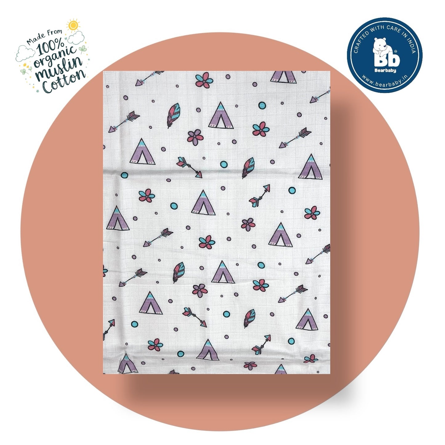 Muslin Hooded Towel for Newborn Baby-2Layer-Size 70cm*70cm-Flower Arrow Print