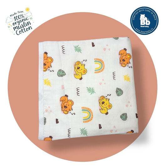 Muslin Hooded Towel for Newborn Baby-2Layer-Size 70cm*70cm-Baby Bear Sleep Print