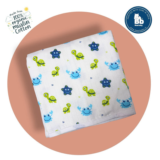 Muslin Hooded Towel for Newborn Baby-2Layer-Size 70cm*70cm-Baby Trutle  Print