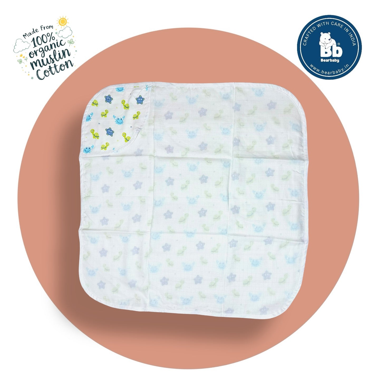 Muslin Hooded Towel for Newborn Baby-2Layer-Size 70cm*70cm-Baby Trutle  Print