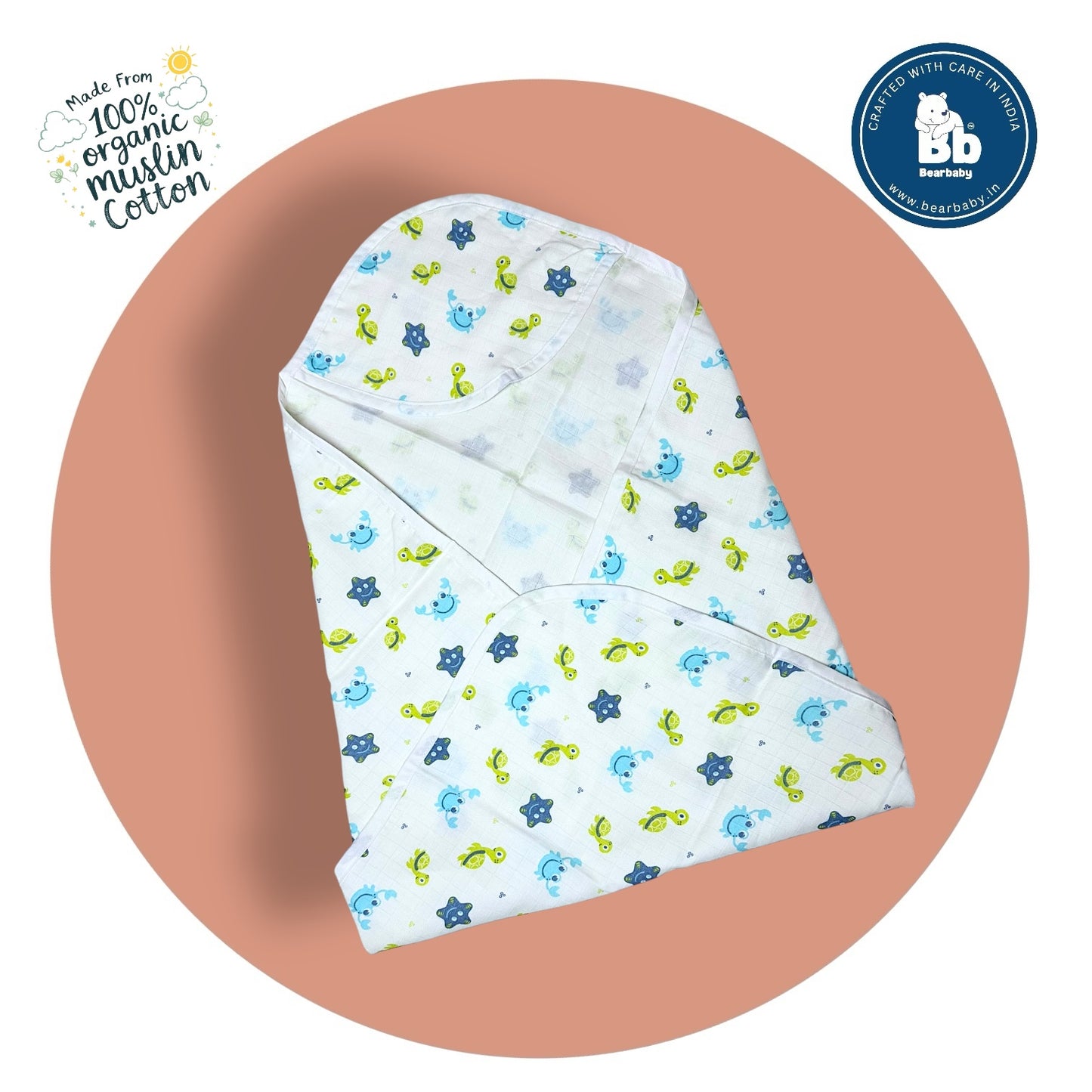 Muslin Hooded Towel for Newborn Baby-2Layer-Size 70cm*70cm-Baby Trutle  Print