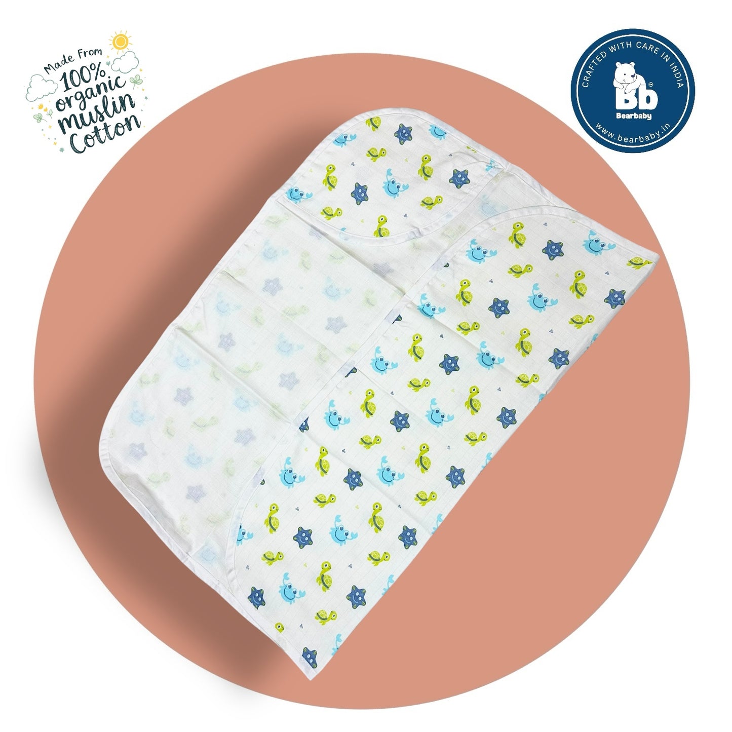 Muslin Hooded Towel for Newborn Baby-2Layer-Size 70cm*70cm-Baby Trutle  Print