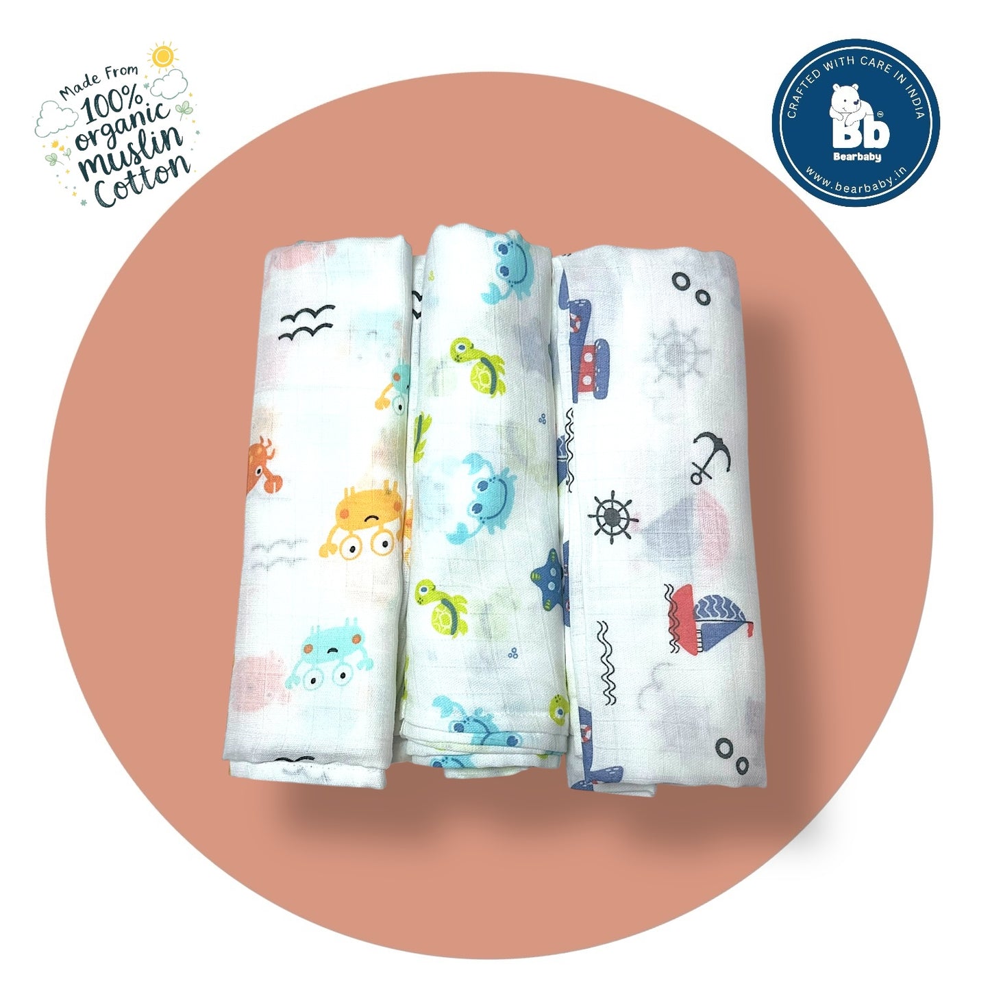 Muslin Soft Cotton Swaddle/Baby Wrapper-Size 100cm*100cm-Combo Pack of 3-Assorted Prints1