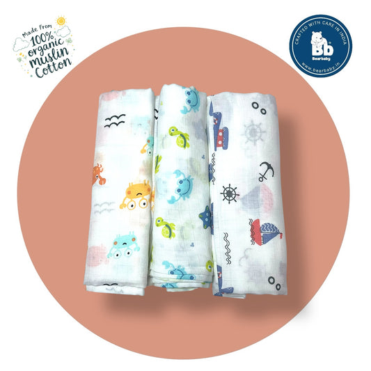 Muslin Soft Cotton Swaddle/Baby Wrapper-Size 100cm*100cm-Combo Pack of 3-Assorted Prints1