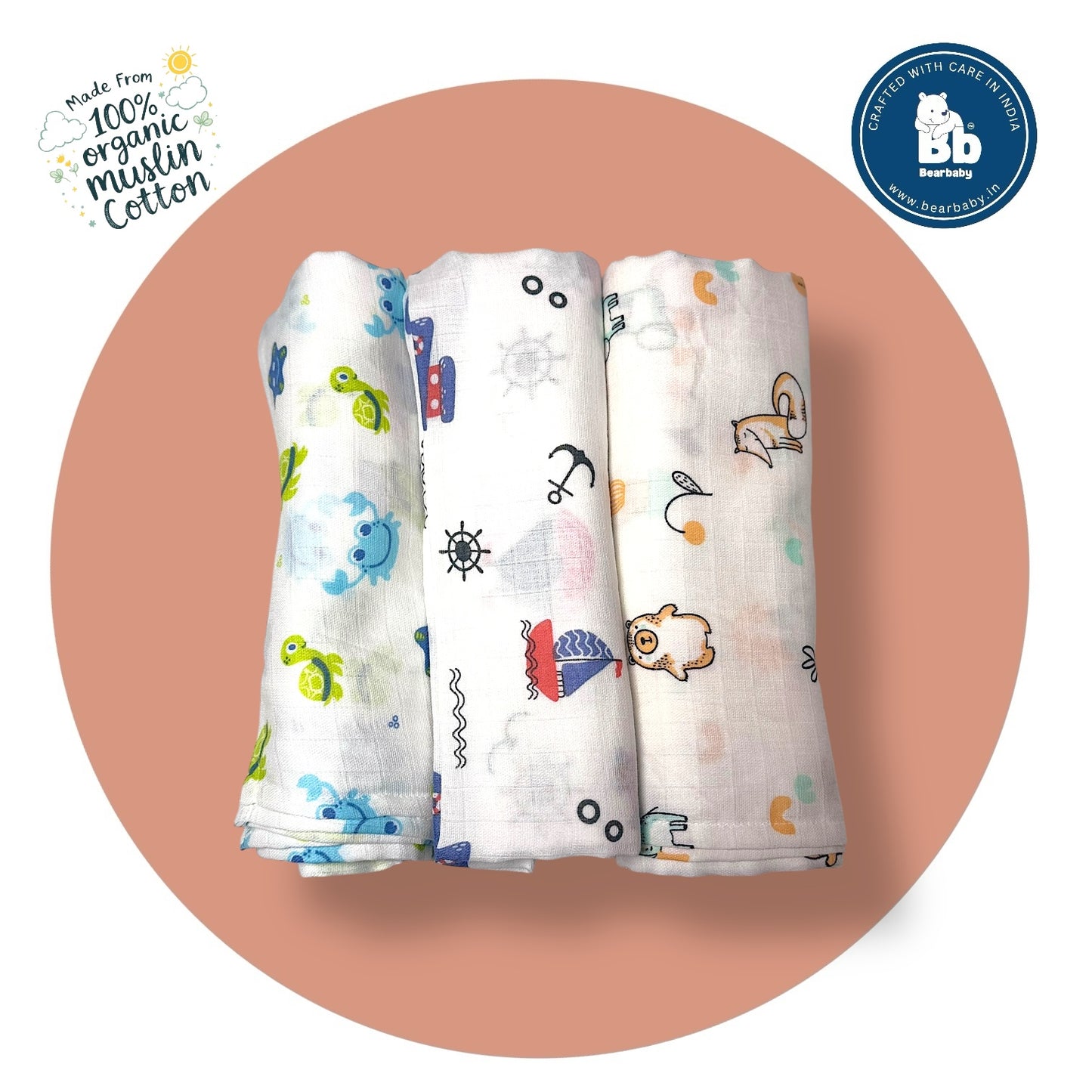 Muslin Soft Cotton Swaddle/Baby Wrapper-Size 100cm*100cm-Combo Pack of 3-Assorted Prints2