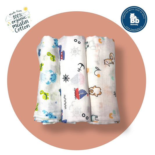 Muslin Soft Cotton Swaddle/Baby Wrapper-Size 100cm*100cm-Combo Pack of 3-Assorted Prints2