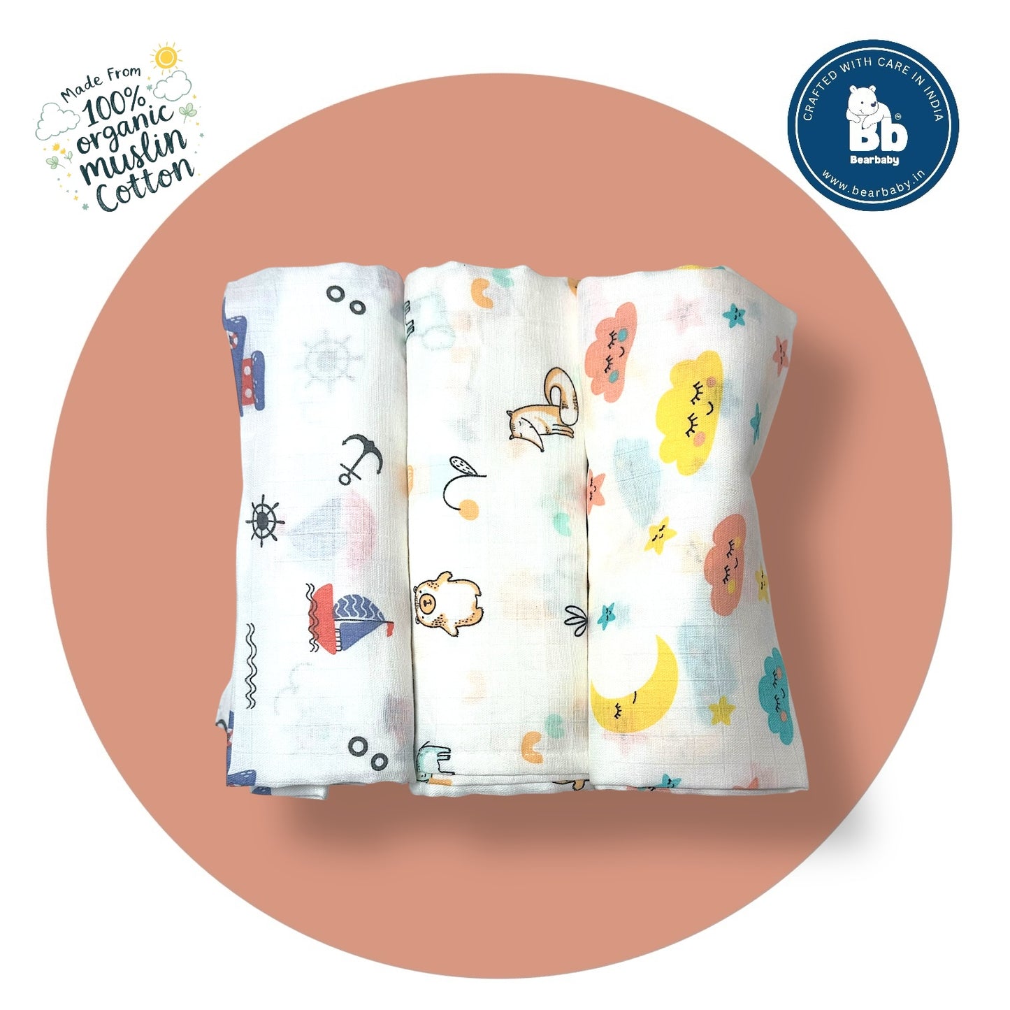 Muslin Soft Cotton Swaddle/Baby Wrapper-Size 100cm*100cm-Combo Pack of 3-Assorted Prints3