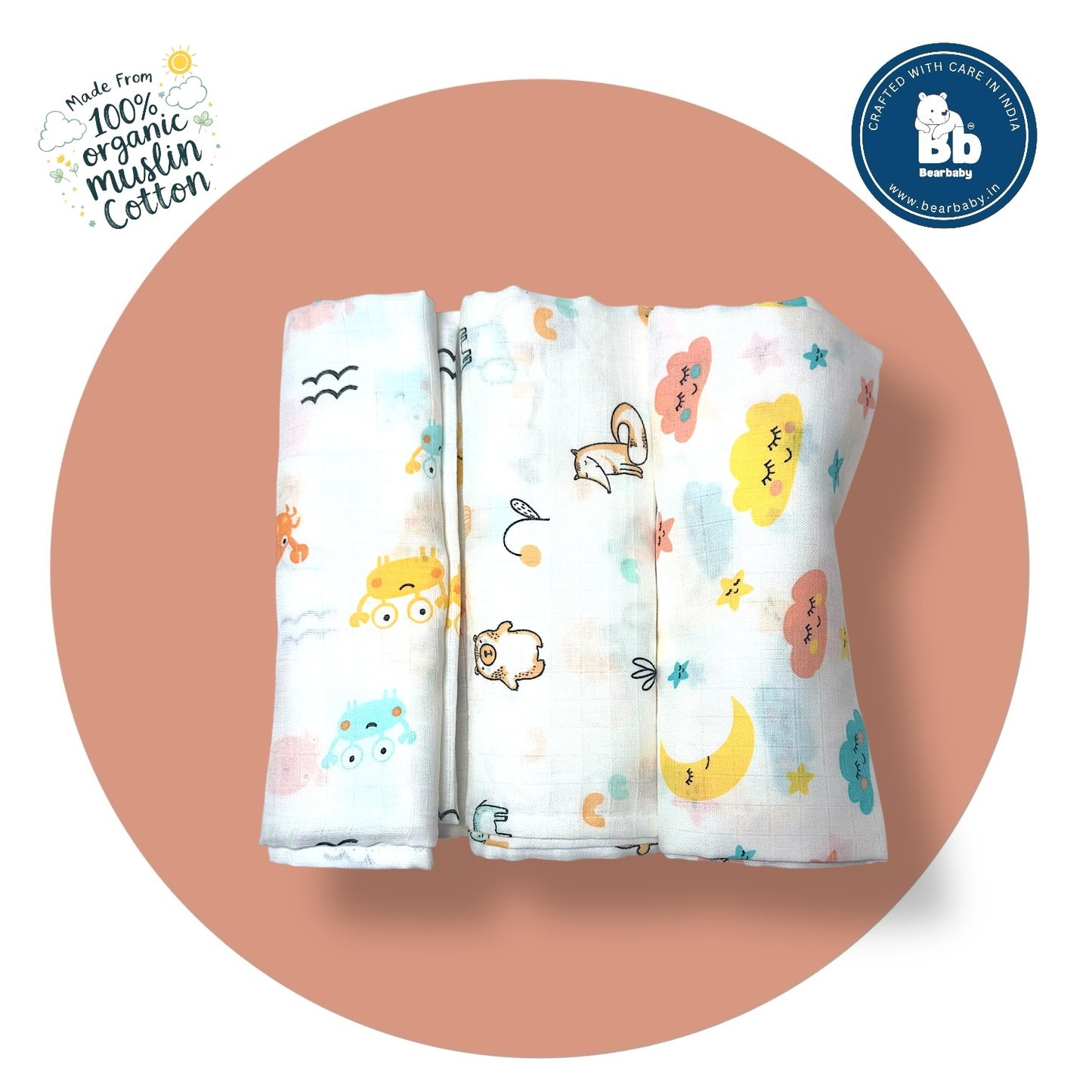 Muslin Soft Cotton Swaddle/Baby Wrapper-Size 100cm*100cm-Combo Pack of 3-Assorted Prints4