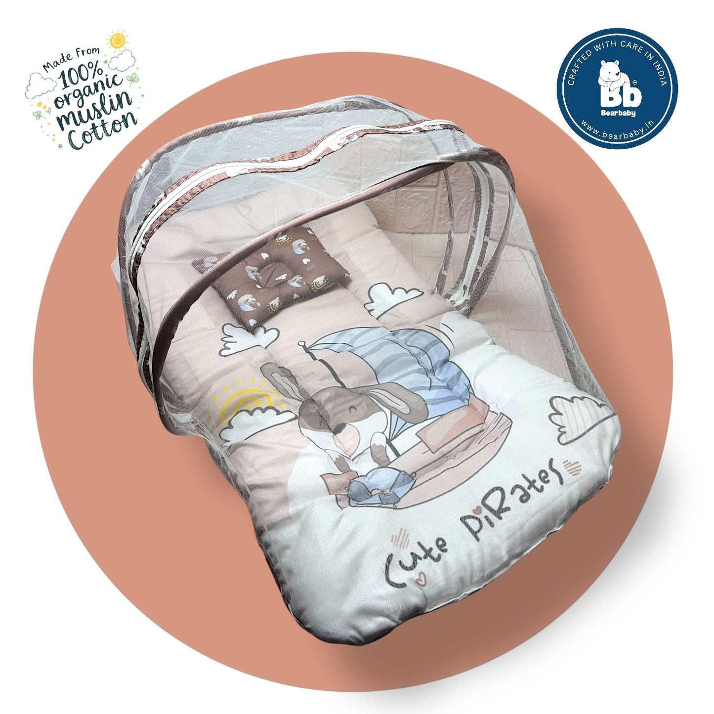 Baby Bed with Thick Mattress & Mosquito Net & Neck Pillowwith Zip Closure-Cute Pirates