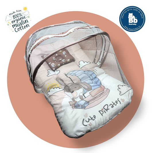 Baby Bed with Thick Mattress & Mosquito Net & Neck Pillowwith Zip Closure-Cute Pirates
