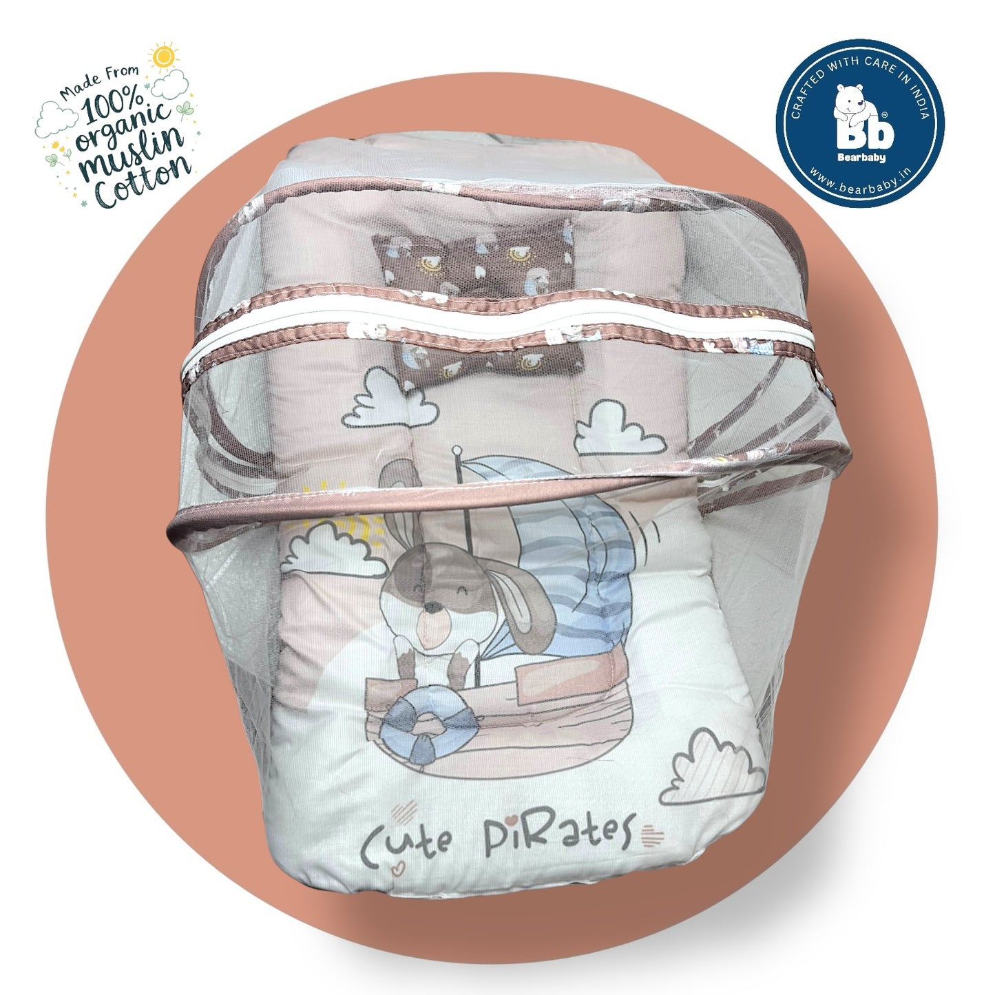 Baby Bed with Thick Mattress & Mosquito Net & Neck Pillowwith Zip Closure-Cute Pirates