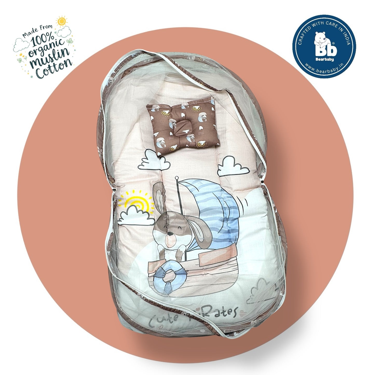 Baby Bed with Thick Mattress & Mosquito Net & Neck Pillowwith Zip Closure-Cute Pirates