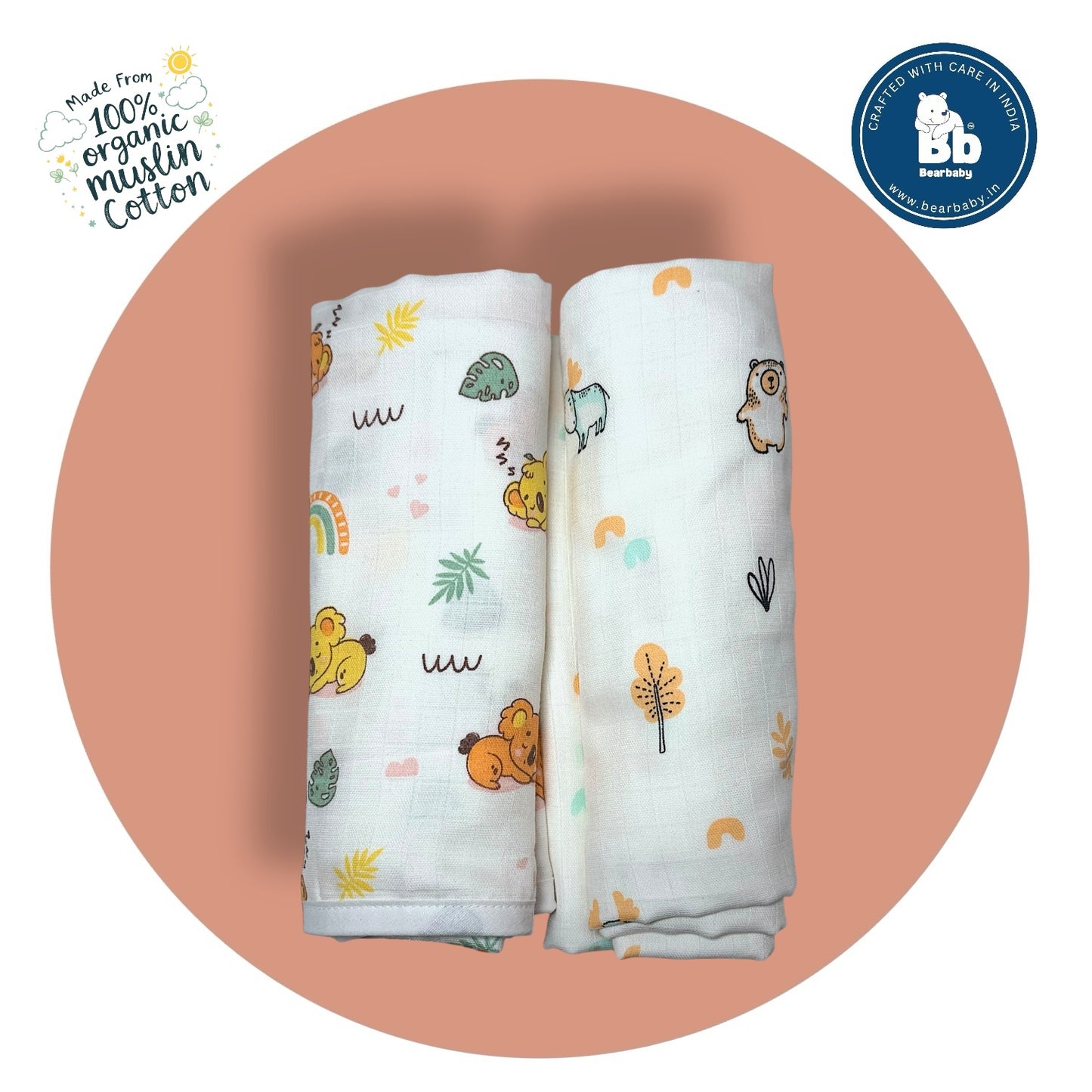 Muslin Hooded Towel for Newborn Baby-2Layer-Size 70cm*70cm-Combo Pack of 2 Multi Primts