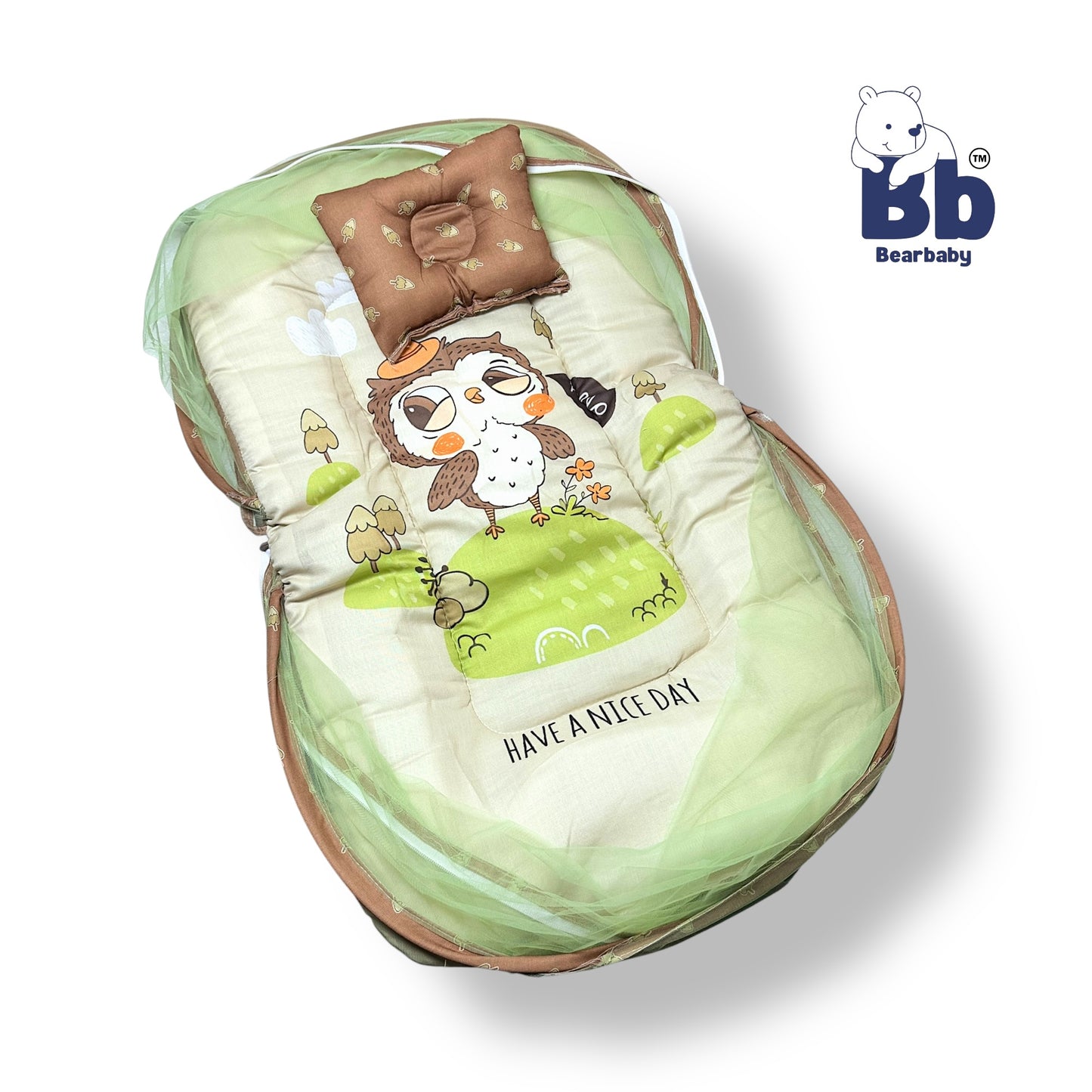 Baby Bed with Thick Mattress & Mosquito Net & Neck Pillowwith Zip Closure-Owl