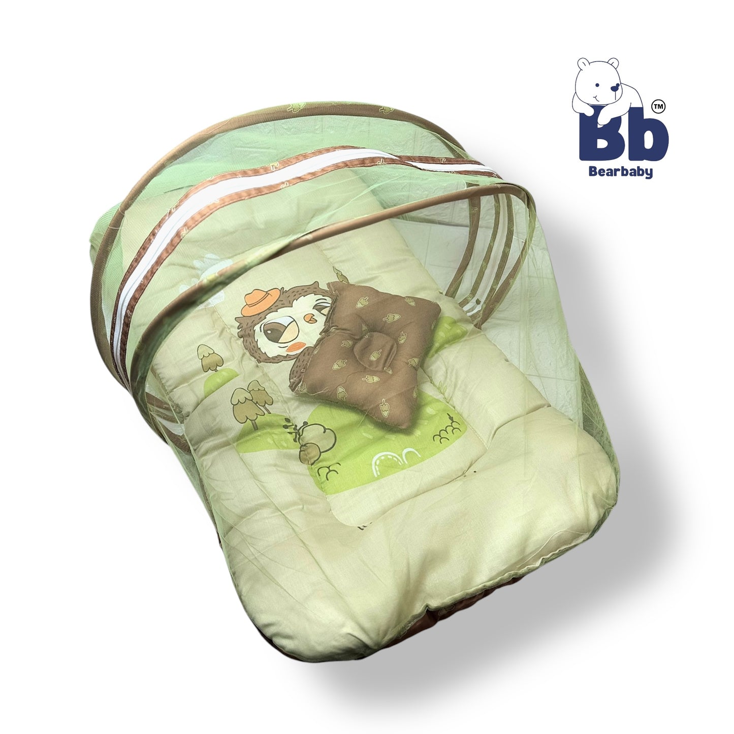 Baby Bed with Thick Mattress & Mosquito Net & Neck Pillowwith Zip Closure-Owl