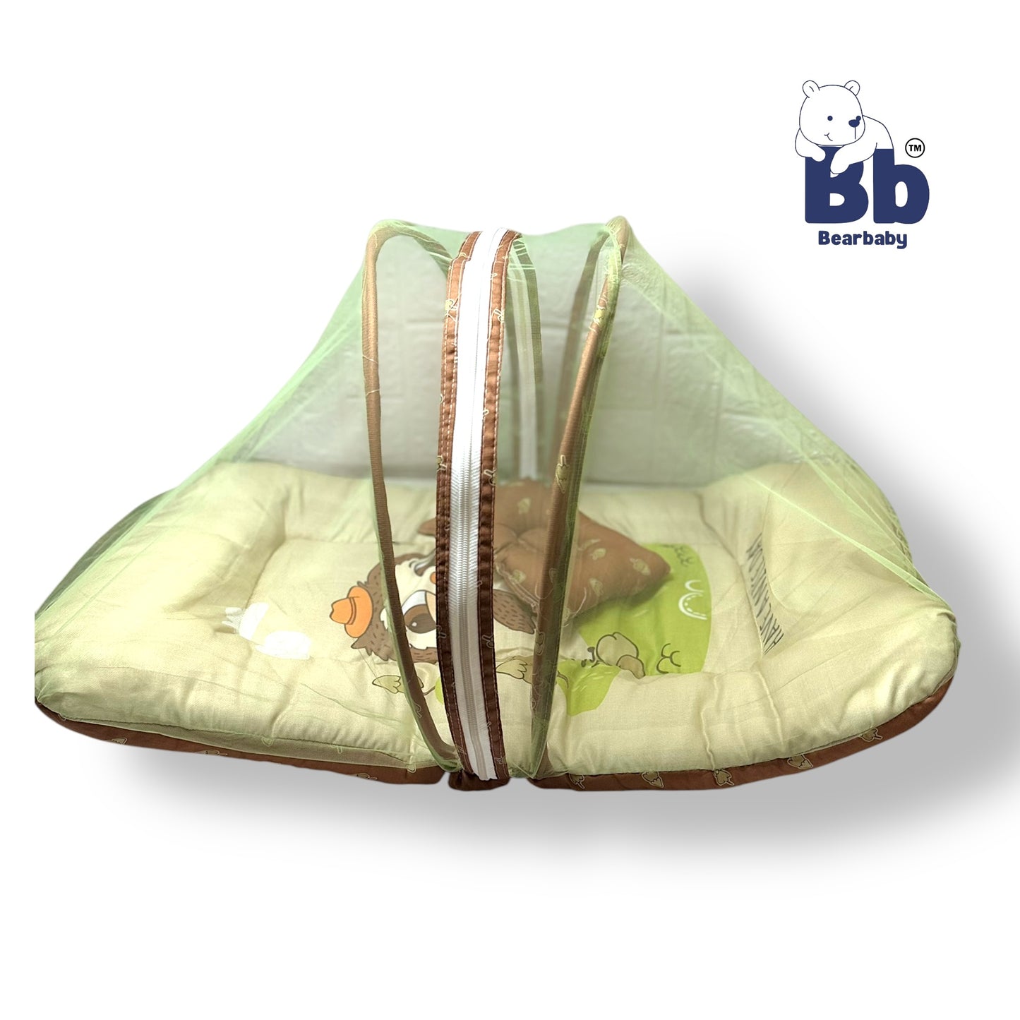 Baby Bed with Thick Mattress & Mosquito Net & Neck Pillowwith Zip Closure-Owl