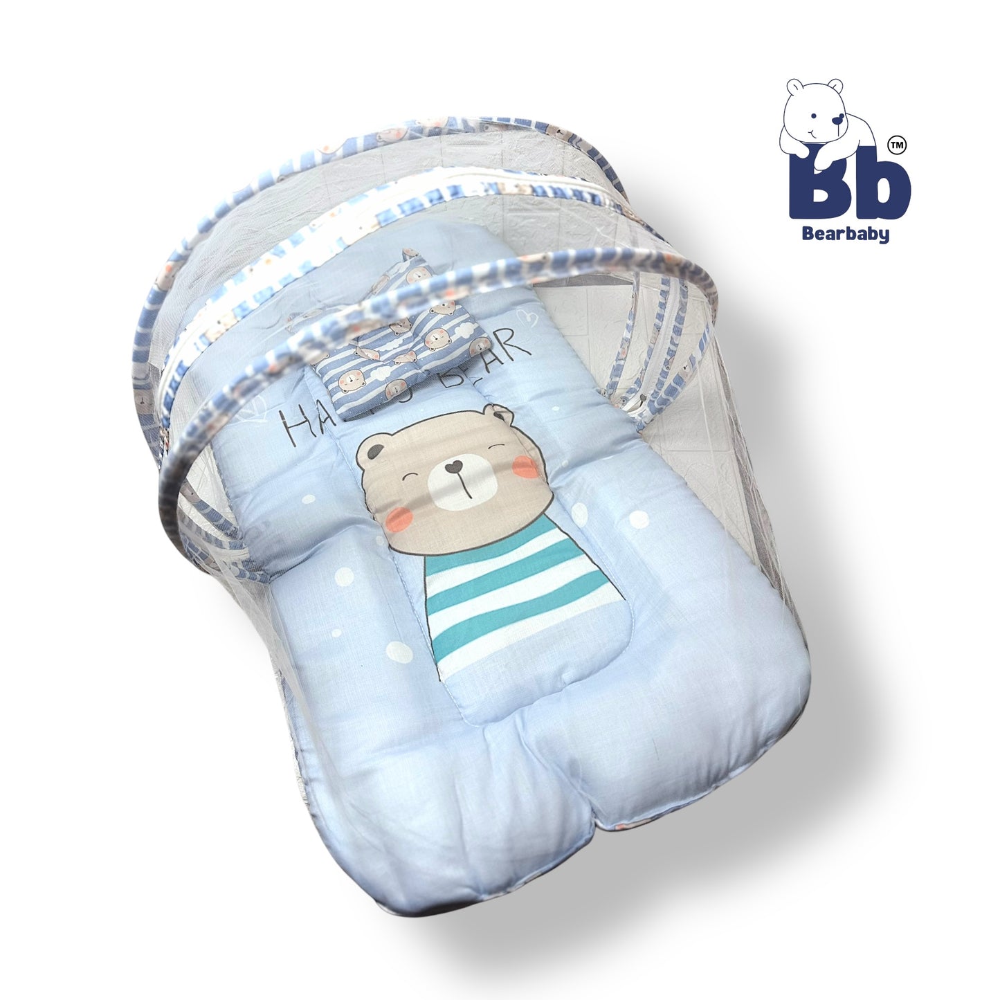Baby Bed with Thick Mattress & Mosquito Net & Neck Pillowwith Zip Closure-Happy Bear