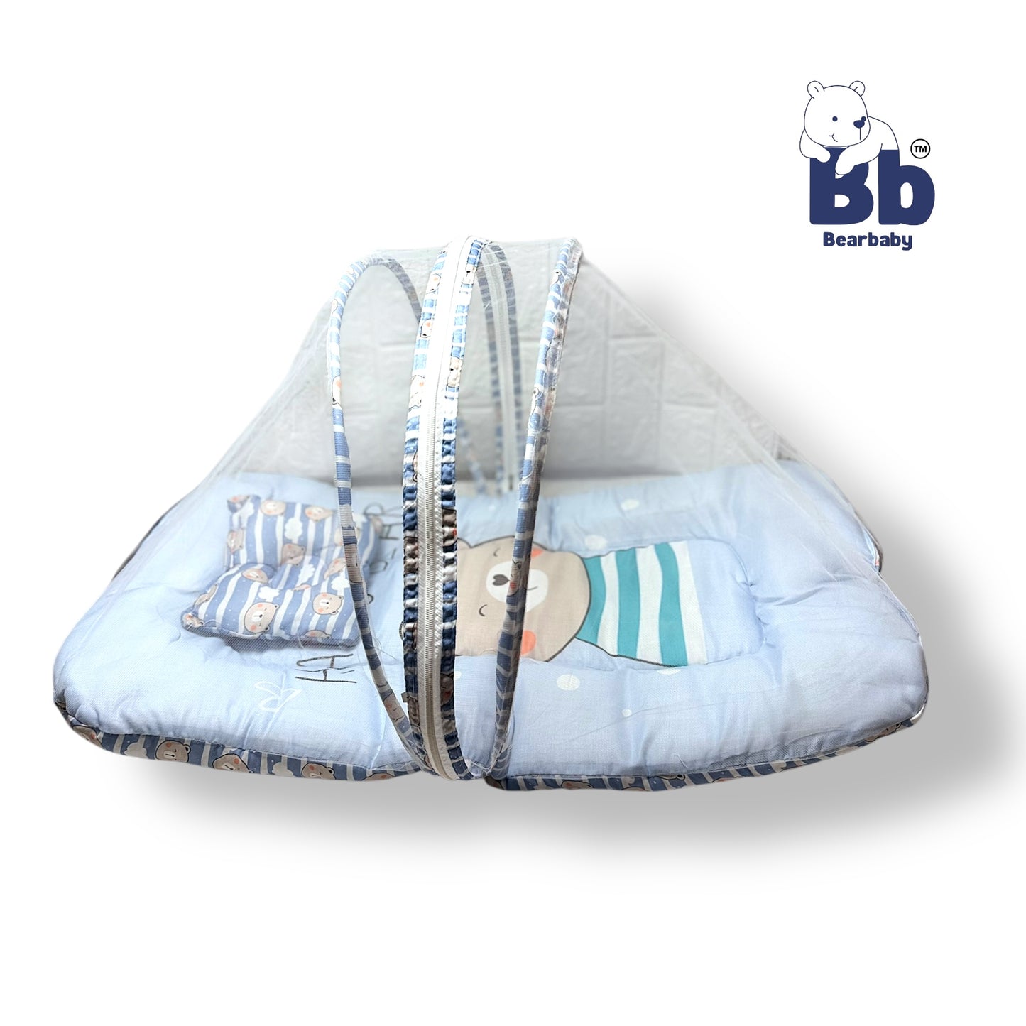 Baby Bed with Thick Mattress & Mosquito Net & Neck Pillowwith Zip Closure-Happy Bear