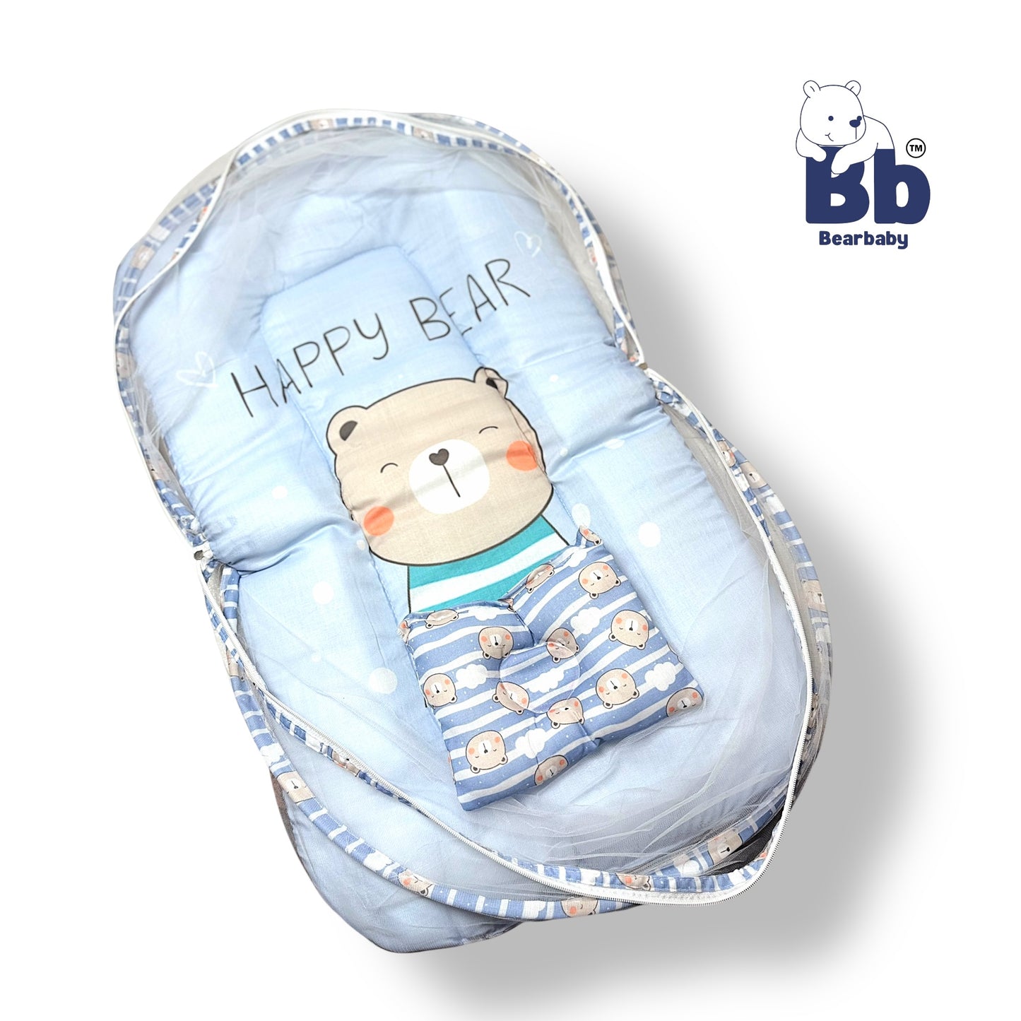 Baby Bed with Thick Mattress & Mosquito Net & Neck Pillowwith Zip Closure-Happy Bear
