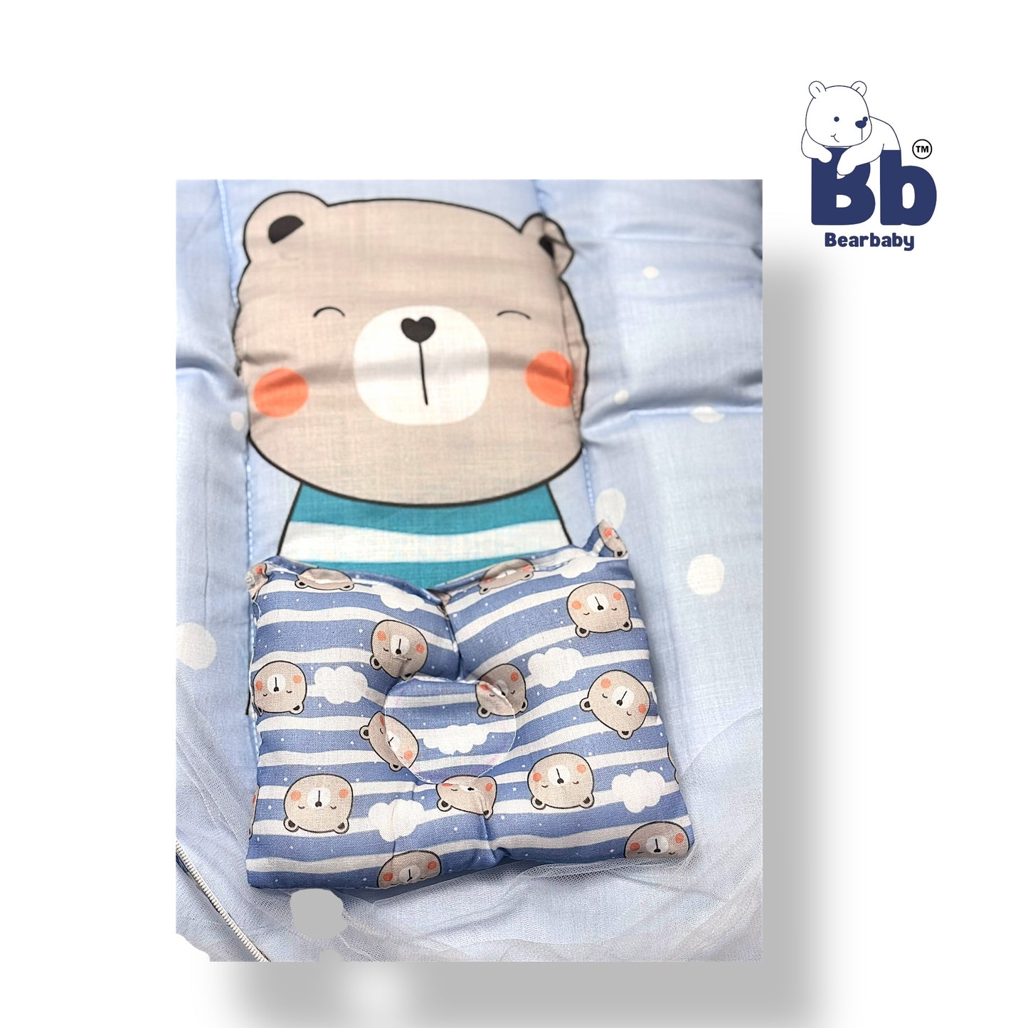 Baby Bed with Thick Mattress & Mosquito Net & Neck Pillowwith Zip Closure-Happy Bear