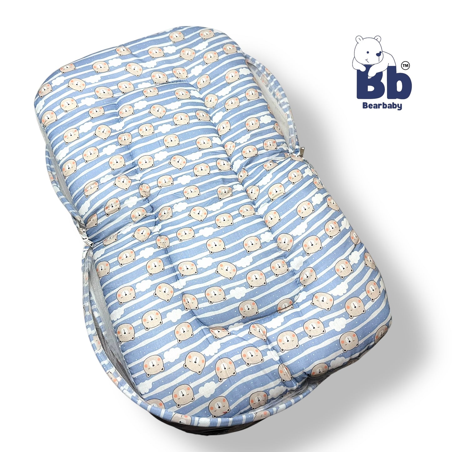 Baby Bed with Thick Mattress & Mosquito Net & Neck Pillowwith Zip Closure-Happy Bear