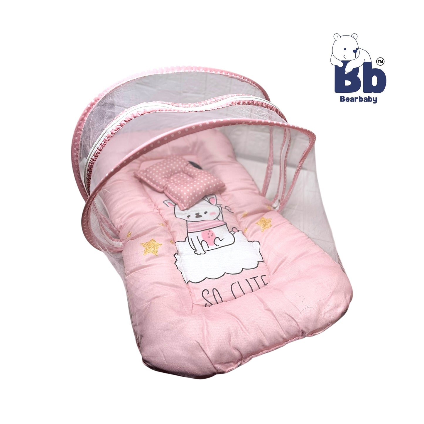 Baby Bed with Thick Mattress & Mosquito Net & Neck Pillowwith Zip Closure-Penguin Hello Winter