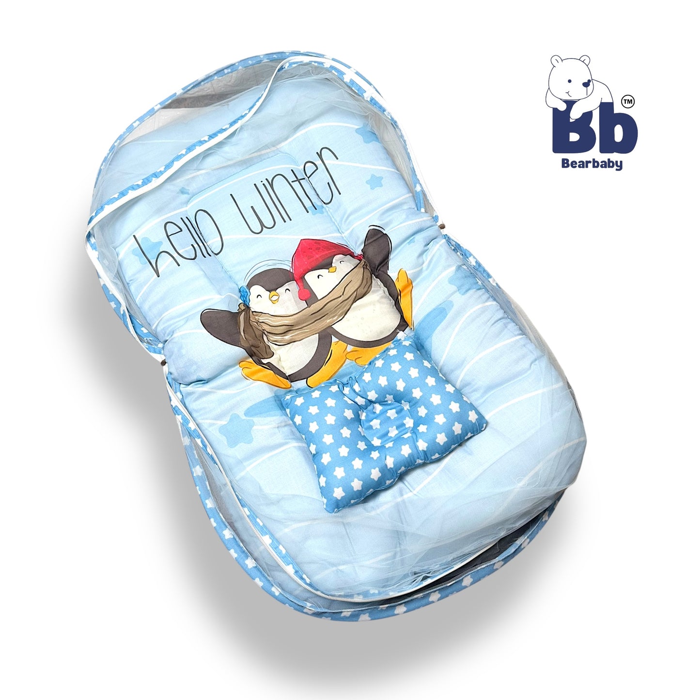 Baby Bed with Thick Mattress & Mosquito Net & Neck Pillow with Zip Closure-Penguin Hello Winter