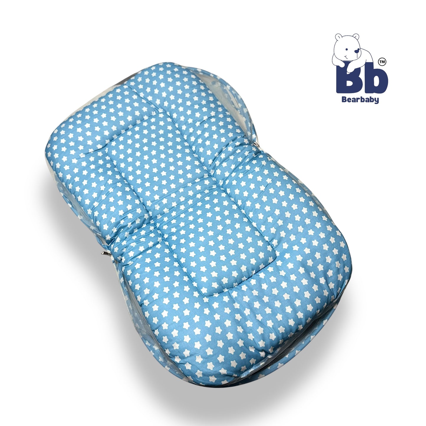 Baby Bed with Thick Mattress & Mosquito Net & Neck Pillow with Zip Closure-Penguin Hello Winter