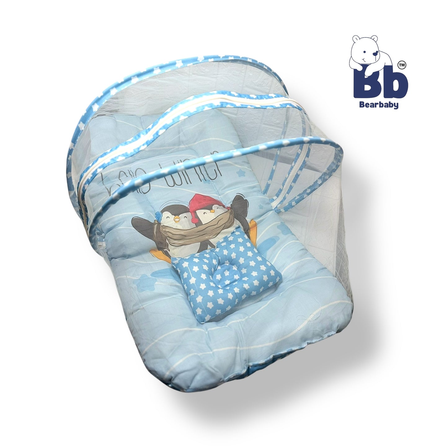 Baby Bed with Thick Mattress & Mosquito Net & Neck Pillow with Zip Closure-Penguin Hello Winter