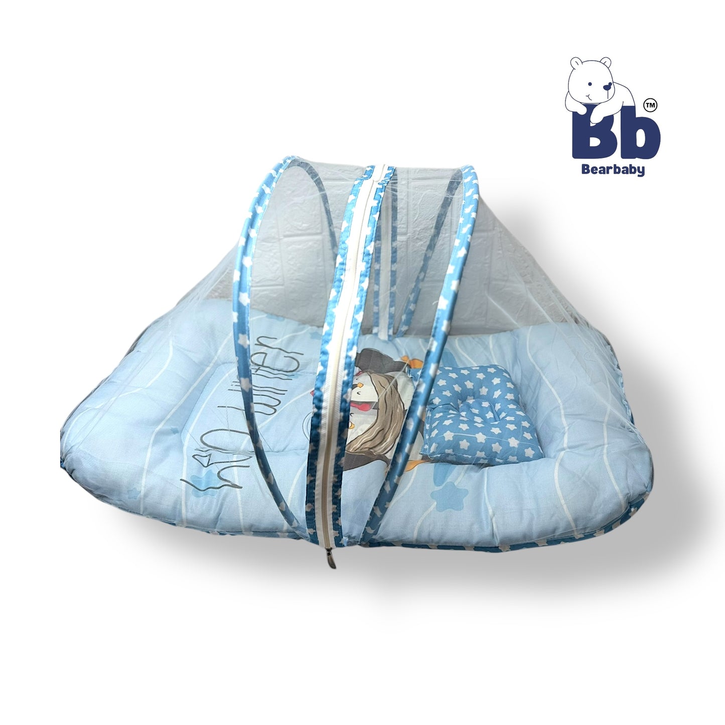 Baby Bed with Thick Mattress & Mosquito Net & Neck Pillow with Zip Closure-Penguin Hello Winter