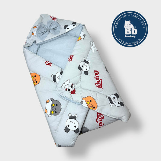 Cotton Quilted Hooded Wrapper/Blanket For Baby-Cartoon Print