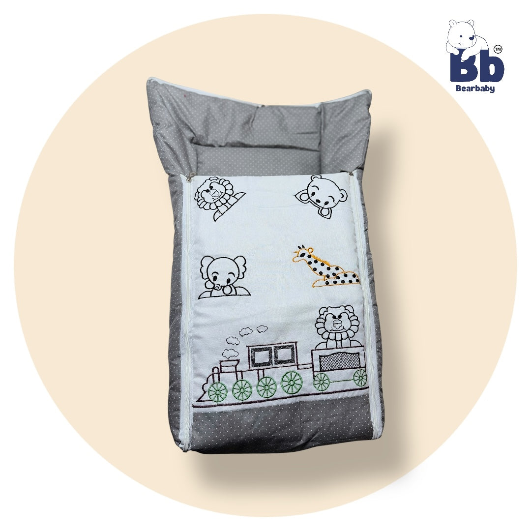 BearBaby Premium Embroidery Print 3-in-1 Baby Bed | Sleeping Bag, Carry Nest & Mattress | Soft Cotton, Foldable & Washable Newborn Bedding (0–12 Months) 1