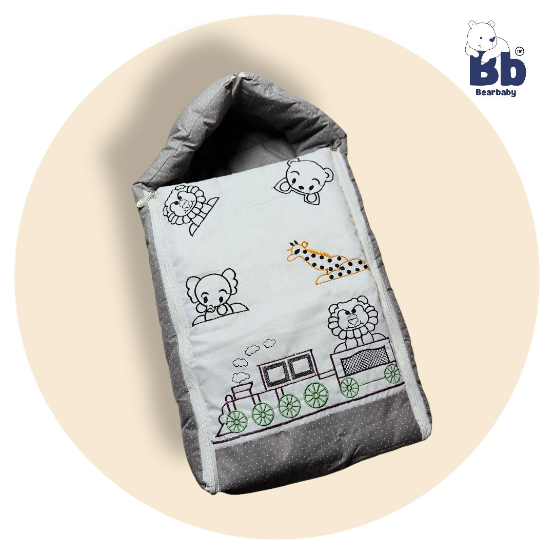 BearBaby Premium Embroidery Print 3-in-1 Baby Bed | Sleeping Bag, Carry Nest & Mattress | Soft Cotton, Foldable & Washable Newborn Bedding (0–12 Months) 1