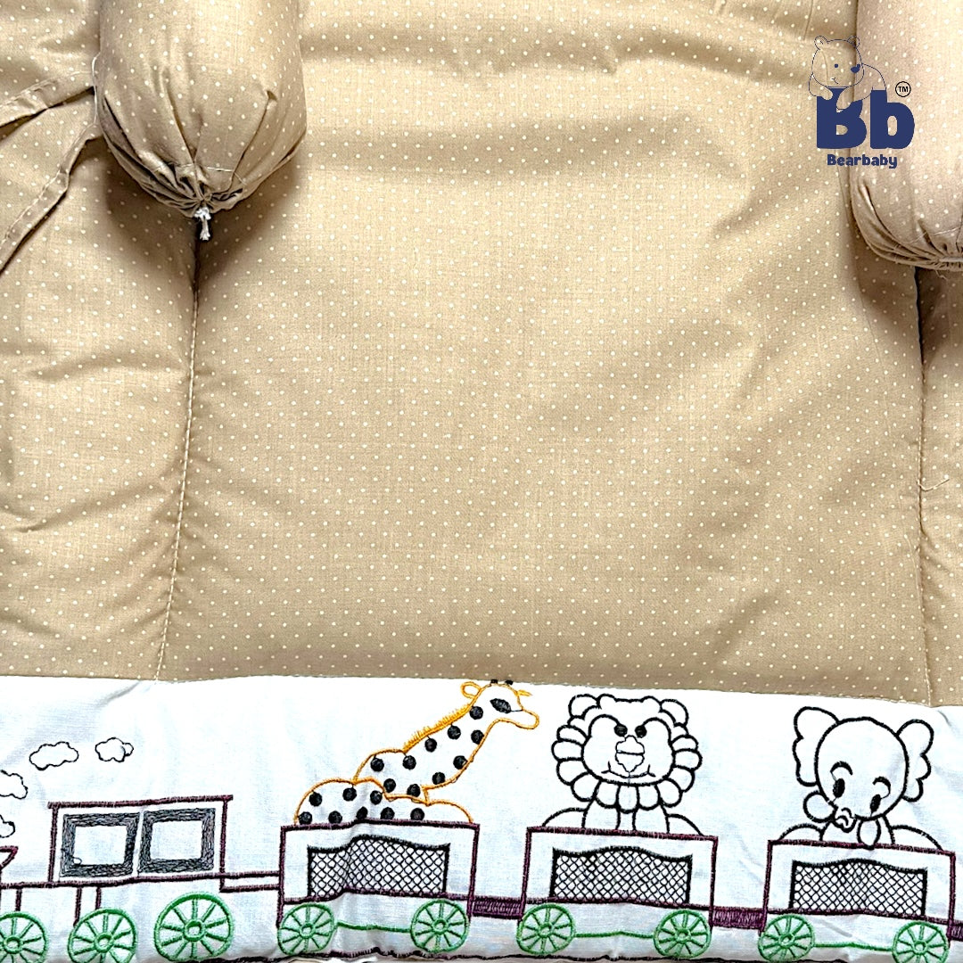 BearBaby Premium Embroidery Cotton Bedding Set | Baby Mattress with Bolster Set & Free Pillow | Soft & Washable Newborn Bedding (0–12 Months) CREAM