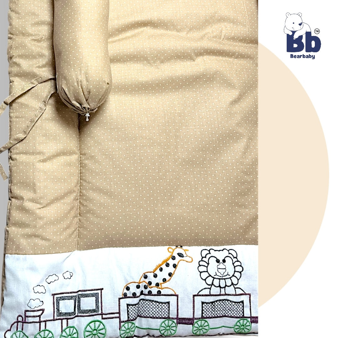 BearBaby Premium Embroidery Cotton Bedding Set | Baby Mattress with Bolster Set & Free Pillow | Soft & Washable Newborn Bedding (0–12 Months) CREAM