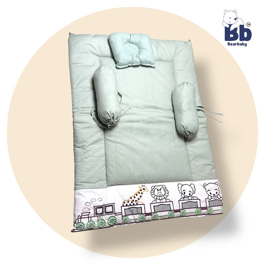 BearBaby Premium Embroidery Cotton Bedding Set | Baby Mattress with Bolster Set & Free Pillow | Soft & Washable Newborn Bedding (0β12 Months) GREY