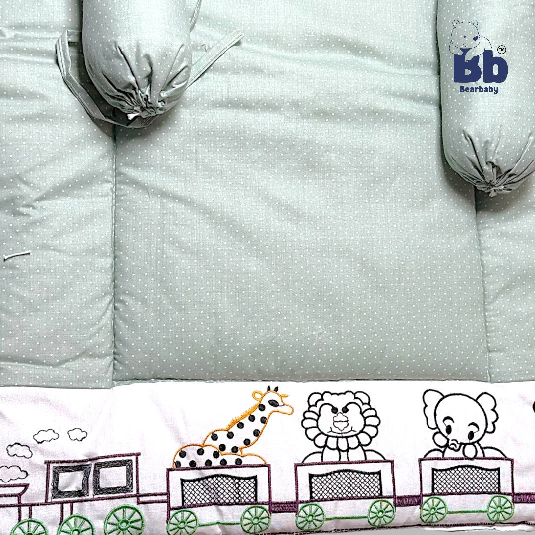 BearBaby Premium Embroidery Cotton Bedding Set | Baby Mattress with Bolster Set & Free Pillow | Soft & Washable Newborn Bedding (0–12 Months) GREY
