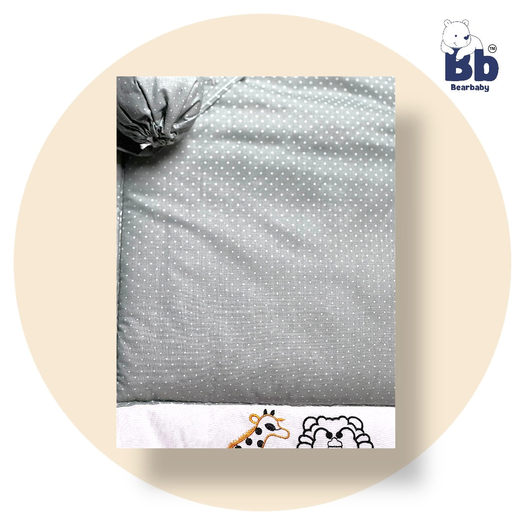 BearBaby Premium Embroidery Cotton Bedding Set | Baby Mattress with Bolster Set & Free Pillow | Soft & Washable Newborn Bedding (0–12 Months) GREY