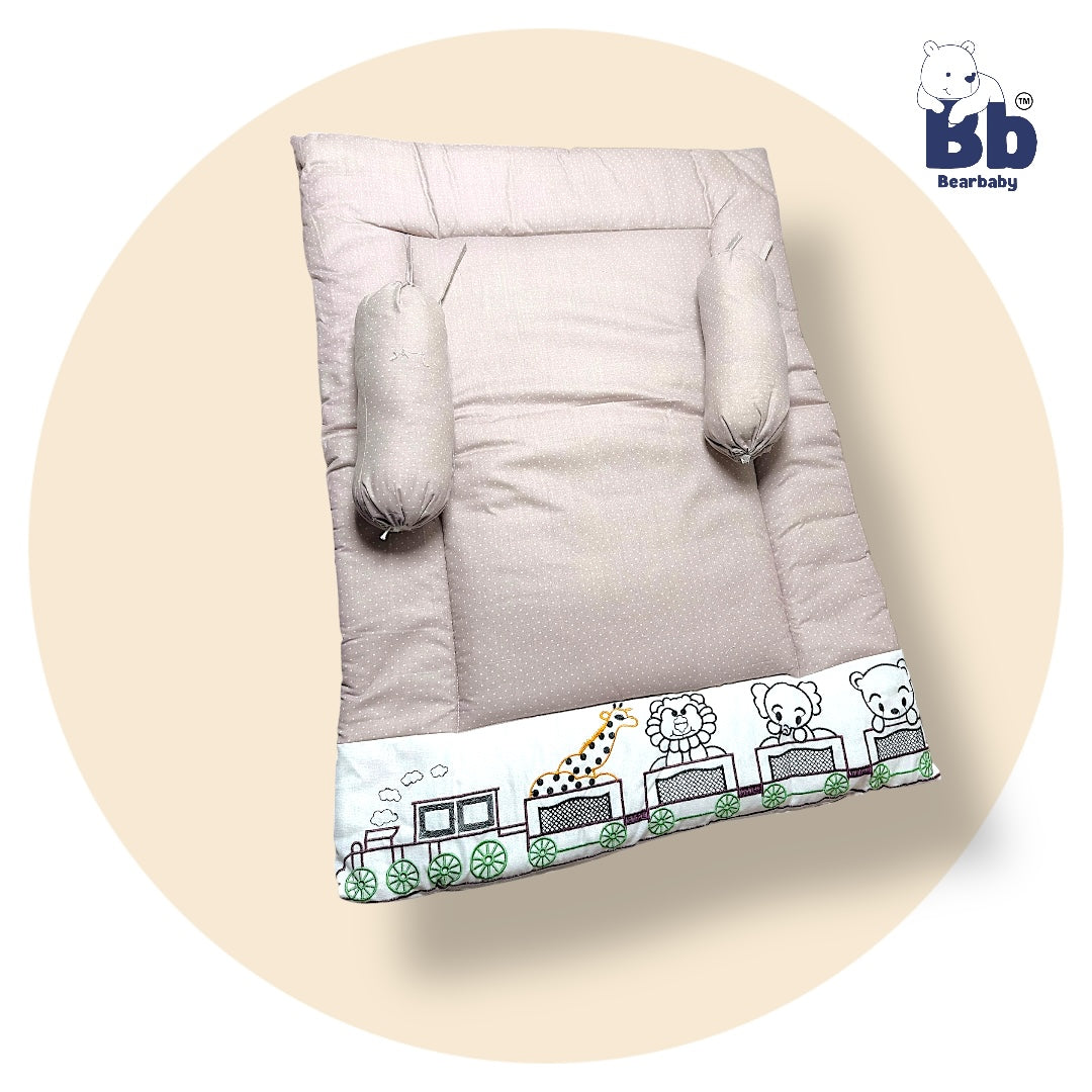 BearBaby Premium Embroidery Cotton Bedding Set | Baby Mattress with Bolster Set & Free Pillow | Soft & Washable Newborn Bedding (0–12 Months) BEIGE
