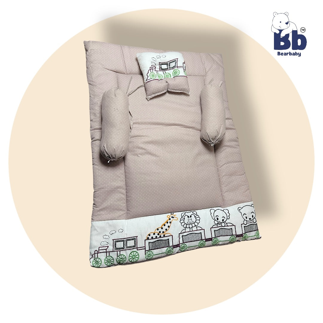 BearBaby Premium Embroidery Cotton Bedding Set | Baby Mattress with Bolster Set & Free Pillow | Soft & Washable Newborn Bedding (0–12 Months) BEIGE