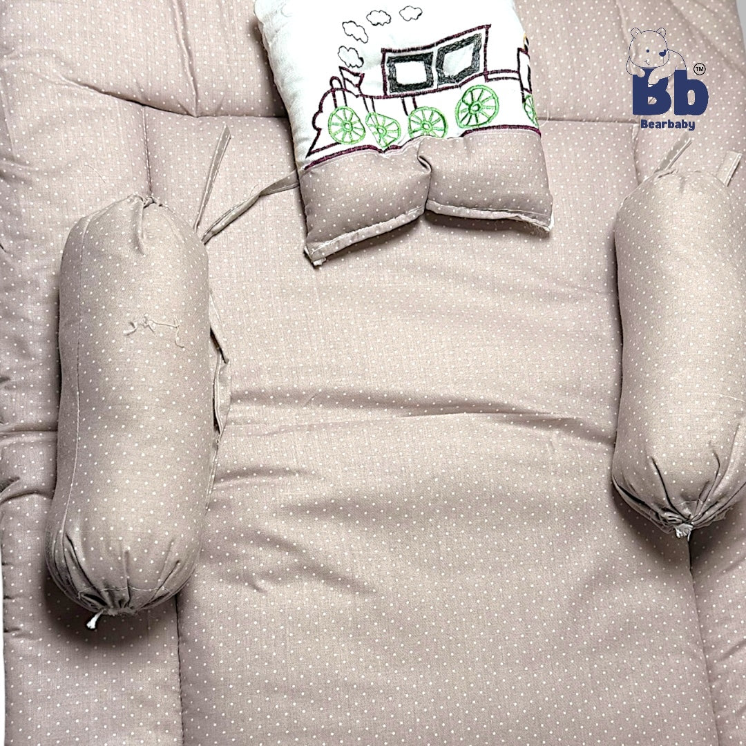 BearBaby Premium Embroidery Cotton Bedding Set | Baby Mattress with Bolster Set & Free Pillow | Soft & Washable Newborn Bedding (0–12 Months) BEIGE